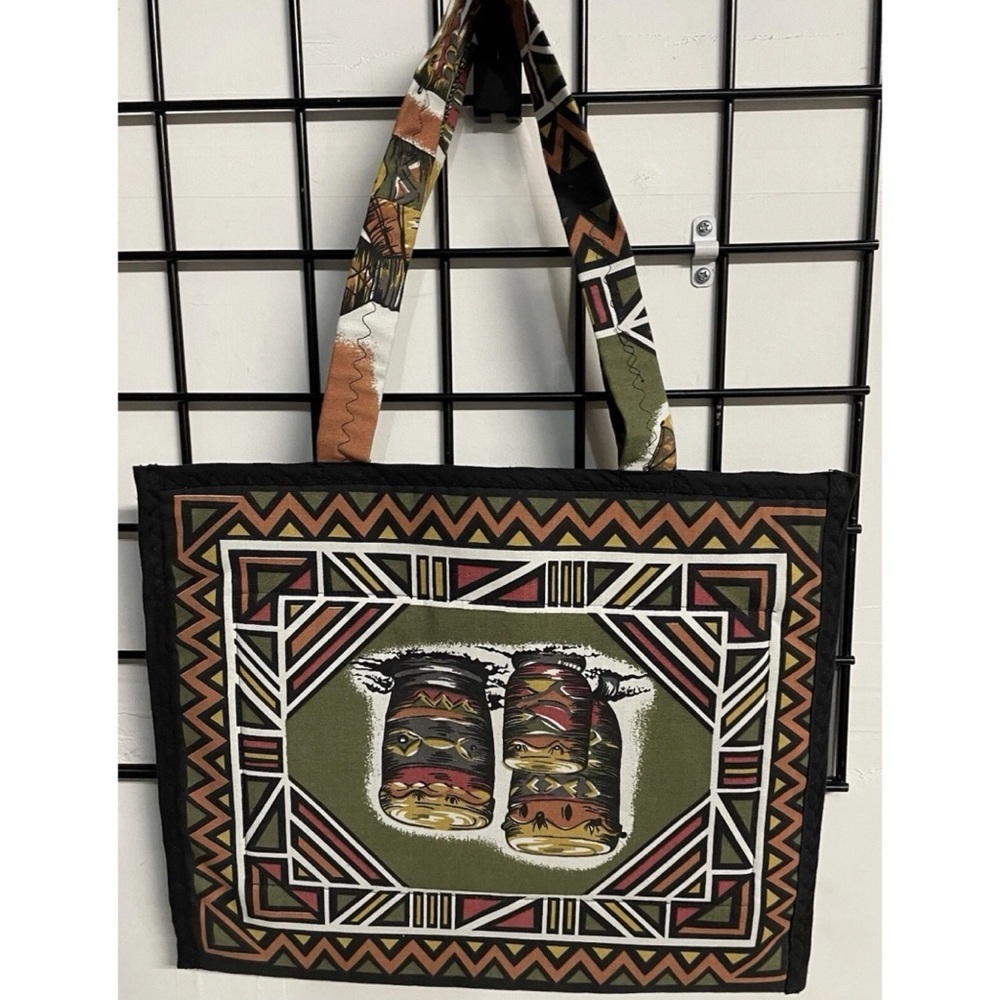 Unbranded Tribal Print Tote Shoulder Bag Black Orange 12" x 15" x 1" - Picture 3 of 6